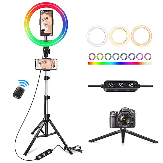 13" LED RGB Selfie Ring Light W/ Mini & Extendable Tripod Stand & Phone Holder
